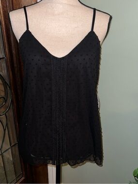 NAIF Black Dotted V-Neck Camisole with Center Lace Panel